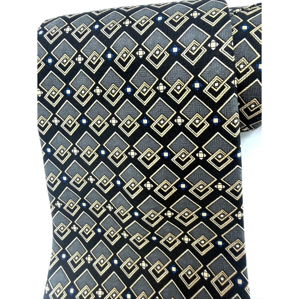 Geoffrey Beene Men's 100% Silk Tie Made in USA Black Grey Gold Geometric